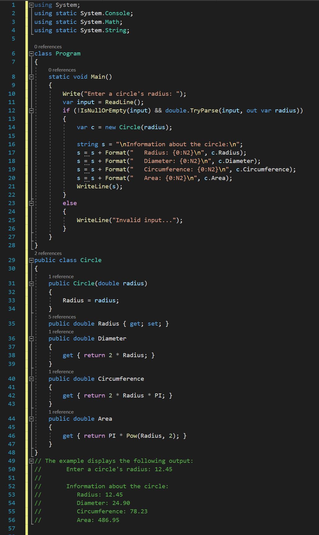 โค้ดแสดงการใช้ using static directive เพื่อสร้าง static member ของ class Console, Math, String 